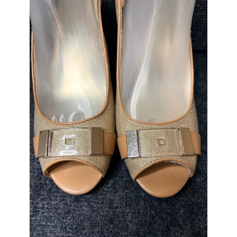 Tommy Hilfiger Veroniqu Tan Linen Peep Toe Slingback Wedge Sandals Womens 9.5M